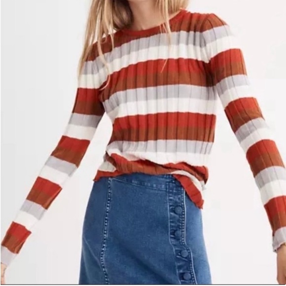 Striped Long Sleeve Top - Red, White, and Brown - Picture 1 of 9